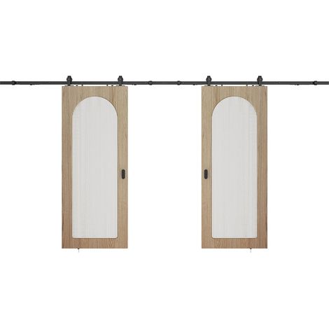 Porte coulissante double avec système en applique en bois et MDF - arche naturel clair et verre trempé cannelé - 2 x H205 x L83 cm - ODEZA (1/3)