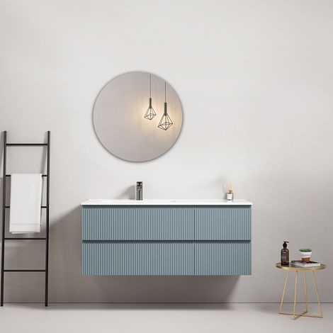 Mobile bagno sospeso cannettato 120 cm Blu Avio Lavabo a Sinistra in Ceramica Specchio Tondo - Fiji Paint (1/4)