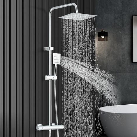 Colonne de Douche Thermostatique Chromé avec Mélangeur Réglable en Hauteur Ensemble de Douche 20x20cm Pluie Pommeau de Douche Carré avec Douchette à Main Acier Inoxydable