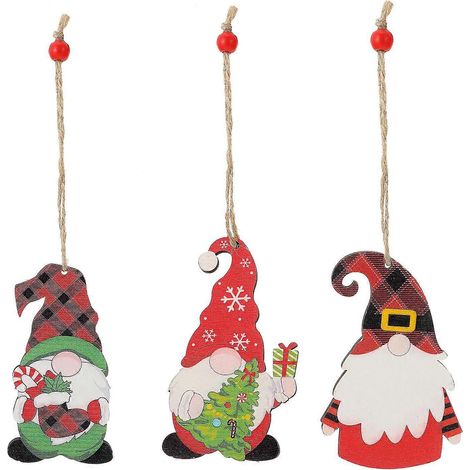Lot de 3 pendentifs nains en bois représentant le Père Noël, à suspendre au sapin de Noël.-9.5x6cm