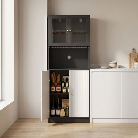 Colonna cucina 180 cm con LED a 3 colori e passacavi, grande capacità, mobile alto in legno e vetro, nero
