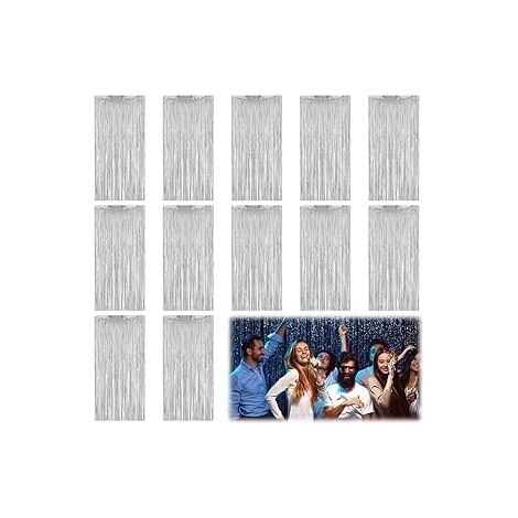 12-teiliger silberfarbener Metallic-Fransenvorhang, silberner Geburtstagsvorhang, Fransenvorhang, Pailletten-Fransenvorhang für Fotoshootings, Partys, Hochzeiten, Weihnachten, Halloween-Partys, 1 m x (1/5)