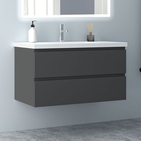 100 cm Badmöbel Set Unterschrank 2 Schubladen soft close Badezimmermöbel Selbstmontierter mit Weiß Mineralguss waschtisch Unterschrank mit Anthrazit Matt