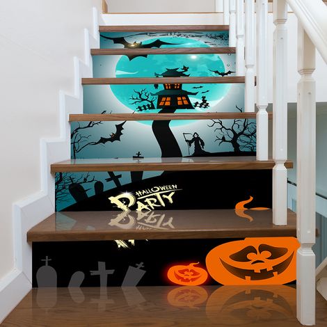 Adesivo di Halloween - Adesivo fai da te per scale a tema Halloween - Murale fantasma per scale - Castello horror - Adesivo murale pipistrello e zucca - Murale autoadesivo per scale (1/4)
