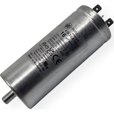 Ducati Energia – Condensateur permanent aluminium 16µF à cosses faston 6.3mm – Ø40x98mm – Durée de vie 30,000h – Compatible Bosch, Siemens, Whirlpool