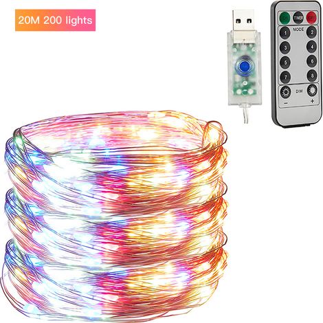 Guirlande lumineuse USB en fil de cuivre, 8 fonctions, guirlande lumineuse basse tension en forme d'étoile, décorations de Noël, guirlande lumineuse LED (colorée), 20 mètres, 200 lumières - télécomman (1/2)