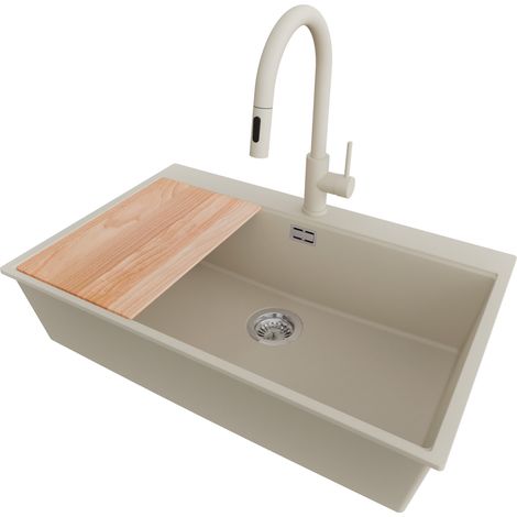 PRIMAGRAN Evier Cuisine en Granit 78x50cm,Lavabo 1 bac + Robinet 40x20cm + Kit de Vidage + Planche à Découper, Évier à Encastrer au meuble 80cm - Oslo, Beige (1/5)