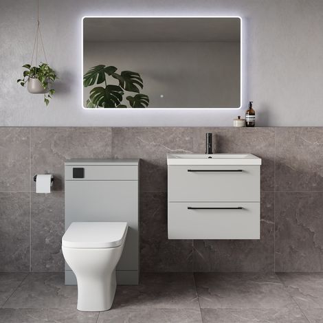 Napoli 390 Gloss Grey Pearl 1100mm Wall Mounted 2 Drawer Vanity Unit and Toilet Suite with Glide Basin - 1100mm - Matt Black 320mm HandleWith Kingston Toilet Pan and Seat