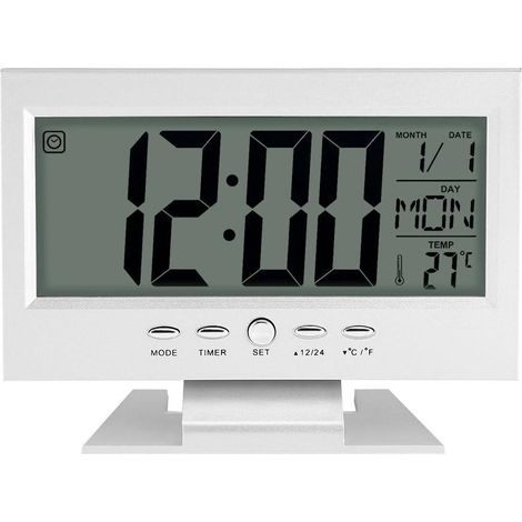 Réveil numérique de bureau multifonction avec horloge LCD, écran digital, veilleuse, fonction snooze, affichage heure/date/température, argenté (1/5)