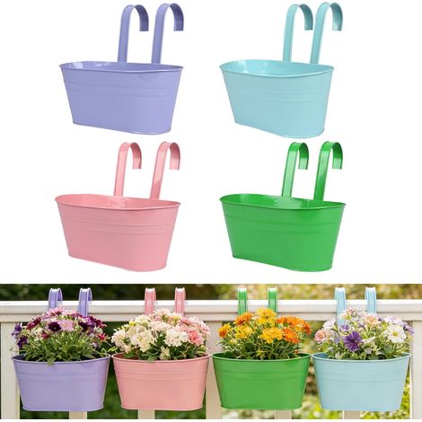 Hängende Blumentöpfe – 4er-Set – Verzinktes Metall – Doppelhaken und Wasserablauf – Für drinnen und draußen, Garten/Balkon – Rosa und Blau (1/5)