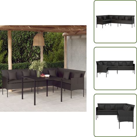 The Living Store Canapé de jardin en forme de L et coussins noir résine tressée - Canapé en L (1/5)