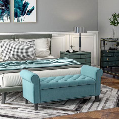 Banc d'entrée capitonné aspect velours en structure solide, avec espace de rangement et charge 120kg, pratique et stable pour chambre et couloir (1/3)