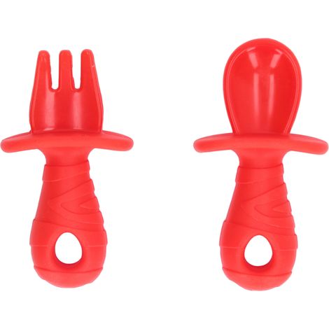 Cuillère en silicone souple pour bébé, alimentaire et sécurisée, fourchette et cuillère apaisantes pour soulager l'anxiété, rouge. (1/5)