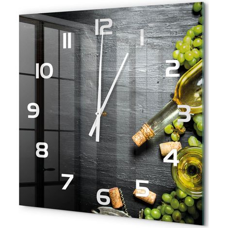 Grande Horloge Murale Carrée pour Cuisine Verre Trempé Silencieuse Décoration Moderne Vin blanc et fruits 60x60 cm (1/5)