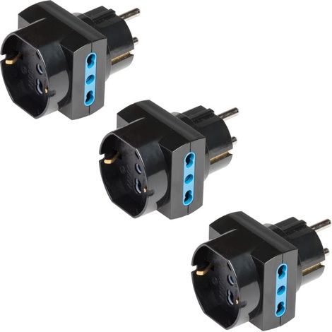POLY POOL PP2351.13 Adattatore Pluristandard con Spina Schuko Kit da 3 Adattatori con Spina 16A e Prese Italiana e Tedesca 10A - 16A, Nero (1/5)