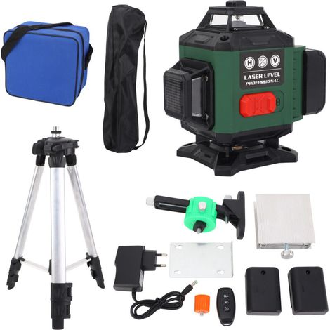Niveau laser vert d'extérieur, niveau de construction 3D multifonctionnel 16 lignes, nivellement à 3 degrés, 2 batteries, support pivotant avec trépied, télécommande (1/4)