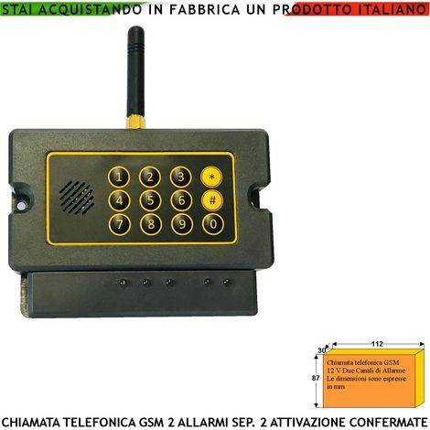 Combinatore GSM Chiama 20 Numeri su 2 Canali 2 Messaggi Voce Attivazioni Confermate Telesoccorso Ascolto Ambientale Modulo Dual Band Memorizza 32 Eventi Apri Cancello Password di Accesso e Blocco (1/4)