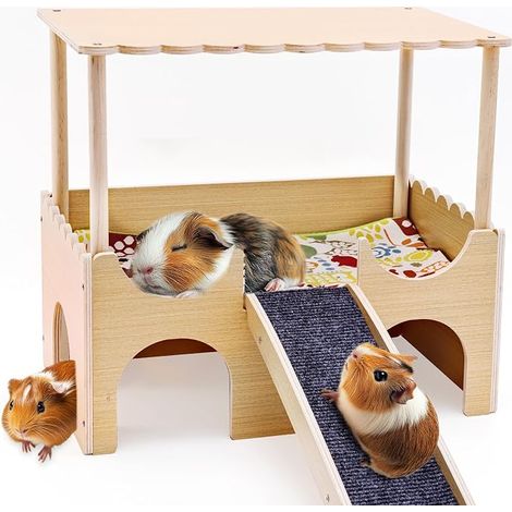 Guinea Pig Hut with Ramp 3 Entrance for Hamster Small Animals Wooden Guinea Pig House Hideout with Tunnel for Rodents, Dwarf Rabbit, Rat, Chinchilla, Indoor Cage Accessory (1/5)