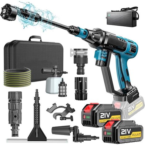 Nettoyeur Haute Pression Sans Fil, Moteur Sans Balais 3000 W,Mode 4 Vitesses,Pression Max 125 Bars, Avec 2 Batteries 4,0 Ah,Buse Pivotante 6 En 1,Brosse De Nettoyage,Tuyau De 5 M,Nettoyage Et Arrosage