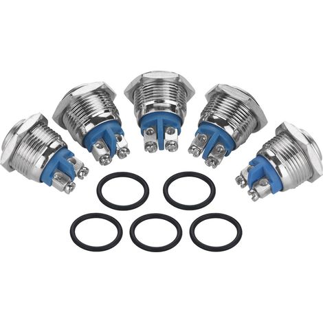 Lot de 5 interrupteurs à bouton-poussoir étanches en métal 16 mm 250 V à tête convexe (1/5)