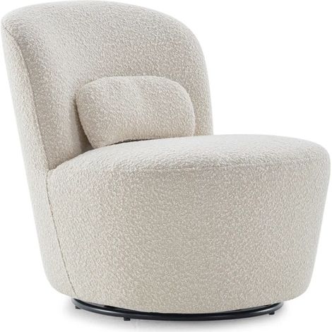 Fauteuil rond pivotant en tissu bouclette écru et un coussin - DAMIEN (1/5)