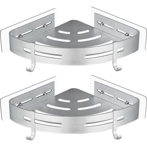 No Drilling Metal Shower Corner Shelf with 2 Shower Hooks, Self-Adhesive Rustproof Bathroom Item Holder, 2 Pack (Silver) (1/5)