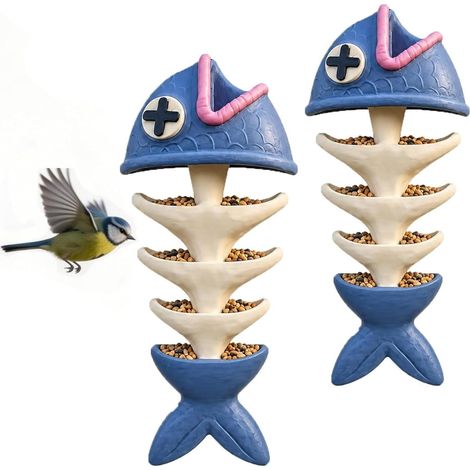 Lot de 2 mangeoires à oiseaux fantaisie à suspendre en forme d'os de poisson, impression 3D unique avec plateaux empilés, 2 en 1 pour graines ou bain d'oiseaux, décoration de jardin résistante aux (1/5)