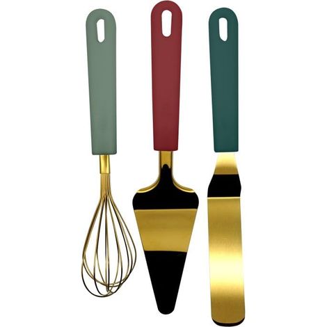 Zenker Set pasticceria 3 pezzi, parte funzionale in acciaio inox 18/0 color oro e manici in PP colorati. Frusta 24,5cm, spatola 27cm, paletta servitorta 27,5 cm (1/3)