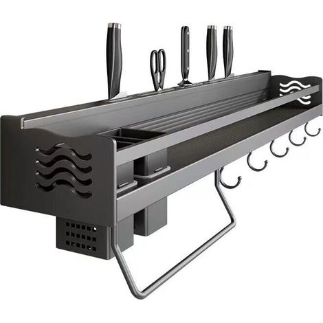 Spice Rack, Wall-Mounted Kitchen Shelf, No Drilling Required, Spice Holder with 6 Removable Hooks, Can Hold Spices, Hang Spatulas, Spoons and Other Kitchen Utensils (1/5)
