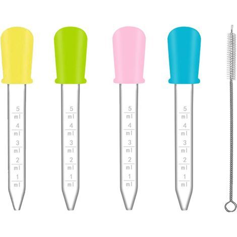 Pipette Dropper, 4 Pcs 5ml Plastic Graduated Pipettes and 1 Clean Brush, Transparent Pipettes, Liquid Pipettes, Silicone Droppers and Plastic Transfer Pipette (1/5)