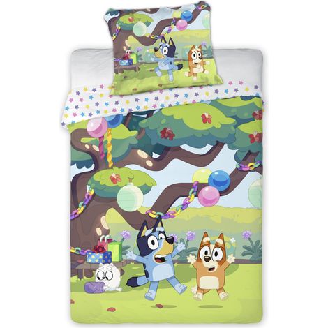 BLUEY PARURE DE LIT ENFANT 100% COTON - HOUSSE DE COUETTE 100X135 CM & TAIE D'OREILLER 40X60 CM - MOTIF FESTIF BLUEY, BINGO ET P