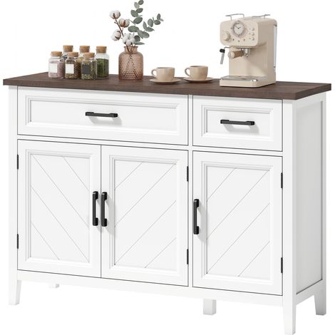 Sideboard mit Chevron-Muster, 3 Türen, 2 Schubladen und verstellbaren Einlegeböden, weiß, 110 x 35 x 80,5 cm