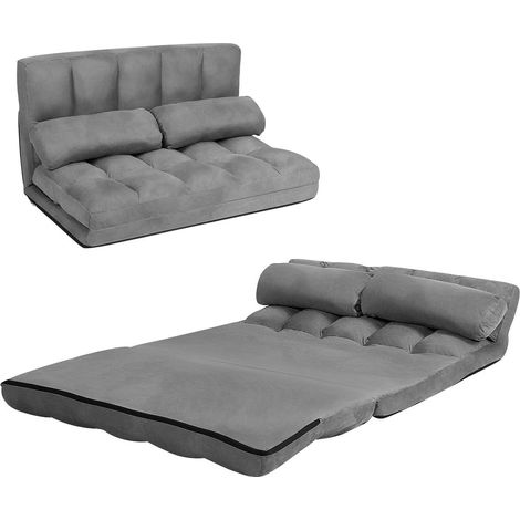 COSTWAY Double Folding Sofa Bed, 6-Position Adjustable Lounger Sleeper Seat Chair with 2 Pillows, Home Office Living Room Bedroom Floor Lazy Sofa Bed (Grey) (1/5)