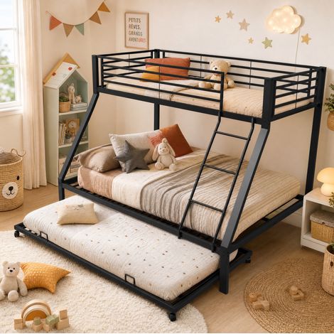 Litera metálica 90 x 200 / 140 x 200 cm con cama nido 90 x 190 cm, negro DESVIAE (1/5)