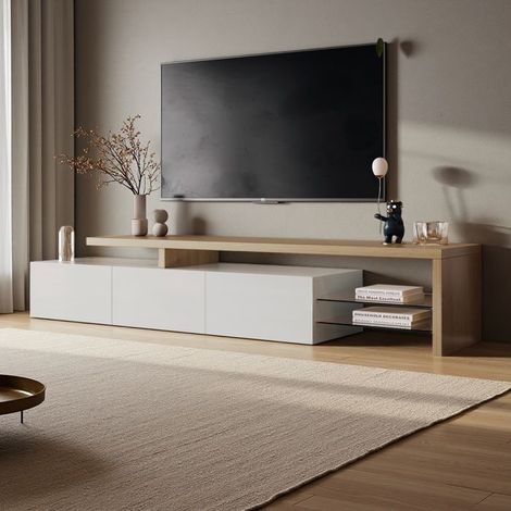 Mueble de TV Blanco y Roble 200 cm con Iluminación LED de 7 Colores Control Remoto, Diseño Escandinavo Moderno, Almacenamiento de TV Ideal para Salón (1/5)