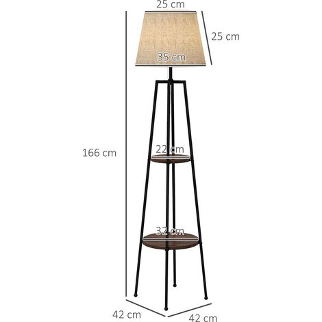 Lampadaire à deux niveaux en métal et MDF avec abat-jour en tissu, Ø42 x 166 cm, noir et marron (1/5)
