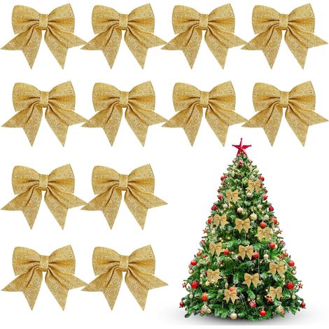Lazos brillantes para árbol de Navidad, 12 unidades, 12x14cm, decoración festiva para puertas, ventanas, jardines e interiores del hogar. (1/3)