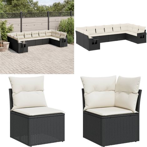 10-tlg. Garten-Sofagarnitur mit Kissen Schwarz Poly Rattan - Gartensortiment - Outdoor Möbel - Gartenlounge - Lounge Set - Rattan Gartenmöbel - Home & Living (1/5)