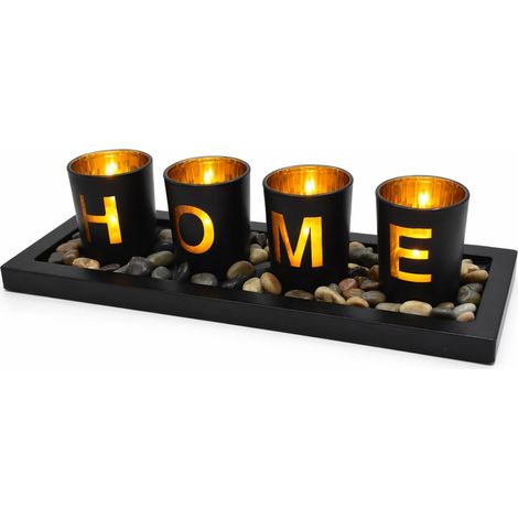 Bougeoirs Chandelier avec Plateau en Bois, 4 Porte Bougies en Verre et Galets, Cougeoir Détenteurs Moderne Decoratif de Table pour Maison Fête Décoration de Noël, Noir (1/5)