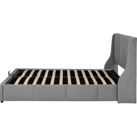 Lit double hydraulique rembourré forme oreille, tête de lit grise, sommier coffre fonctionnel 140x190 cm. (1/5)