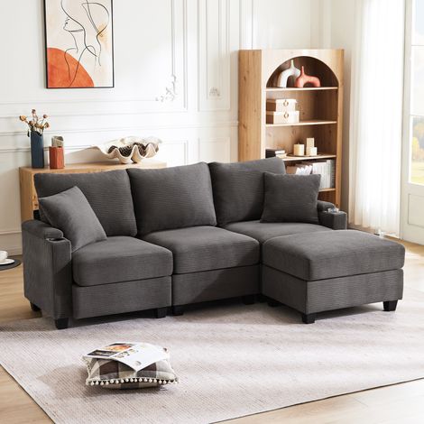 Divano letto angolare in tessuto grigio scuro 213,5x139x87 cm con poggiapiedi, porta bicchieri, USB e 2 cuscini (1/5)