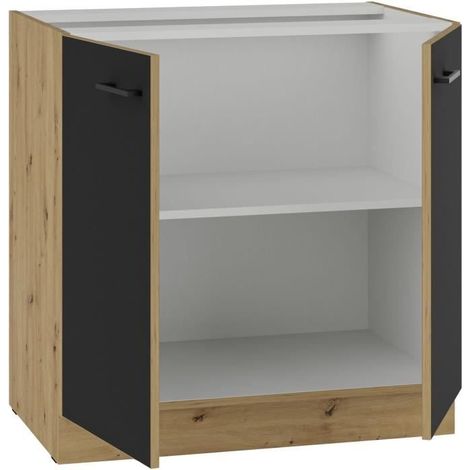 MODENA - Meuble bas - 2 portes battantes - 80 x 52 x 82 cm - Chêne artisan / Noir mat - Plan de travail non inclus (1/4)