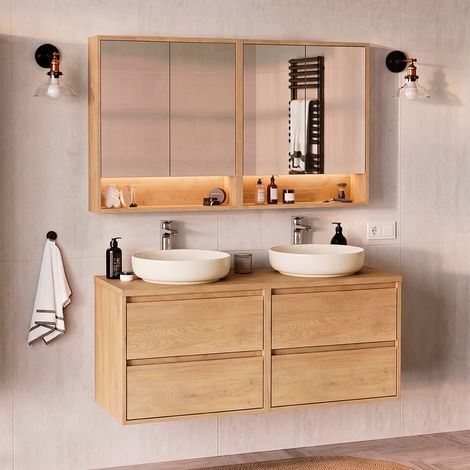 Doppelwaschbecken-Waschtischset 120 cm mit Spiegelschränken Edmé Bois (1/5)