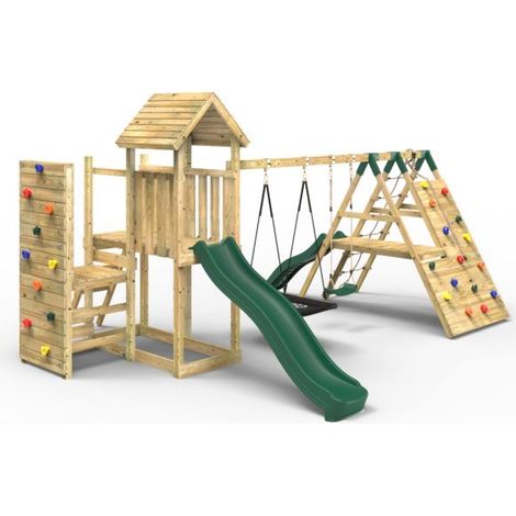 Rebo Extended Tower Wooden Climbing Frame with Swings & Slide - Montana