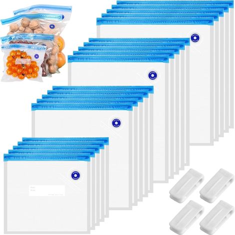 20 Pièces Sac sous Vide Alimentaire Reutilisable pour Conserver Les LéGumes 4 Tailles Sac Congelation Sous Vide avec 4 Clips de Scellage, avec Valve, Zip, pour Le Stockage des Aliments, pour Les Frui (1/5)