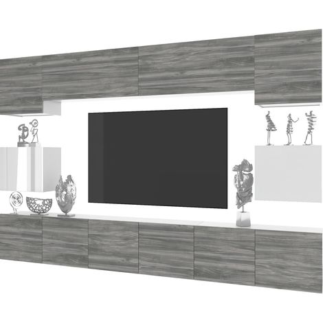 BELINI Meuble TV Mural Milano 3 300 cm - Suspendu avec Systeme Verin a Gaz - Gris Mat/Blanc Brillant (1/4)