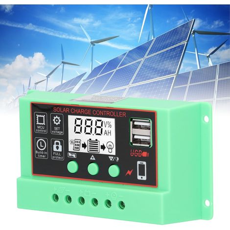 12V/24V Solarladeregler, LCD-Bildschirm, USB-Schnittstelle, Überlastschutz, grünes Gehäuse, schwarze Oberfläche (1/5)