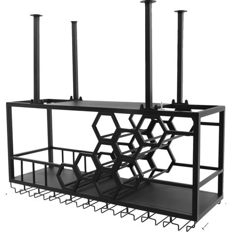 Support à vin suspendu, design à 2 niveaux, rangement gain de place, noir (1/2)