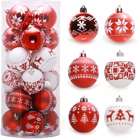 30 boules de Noël, 6 cm de diamètre, rouges et blanches, incassables, à suspendre au sapin, pour décorer la maison et les fêtes. (1/5)
