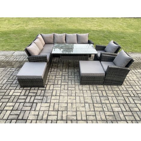 Fimous 10 Seater High Back Rattan Garden Furniture Set Corner Sofa With Rectangular Dining Table 2 Arm Chairs 2 Big Footstool (1/5)